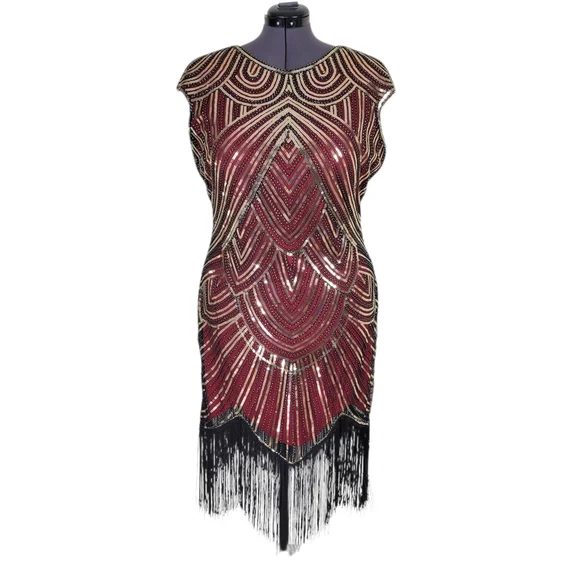Fundaisy Dress Plus Size 3XL Red Black Mesh Gold Sequins Fringe Gatsby Flapper - Picture 2 of 11